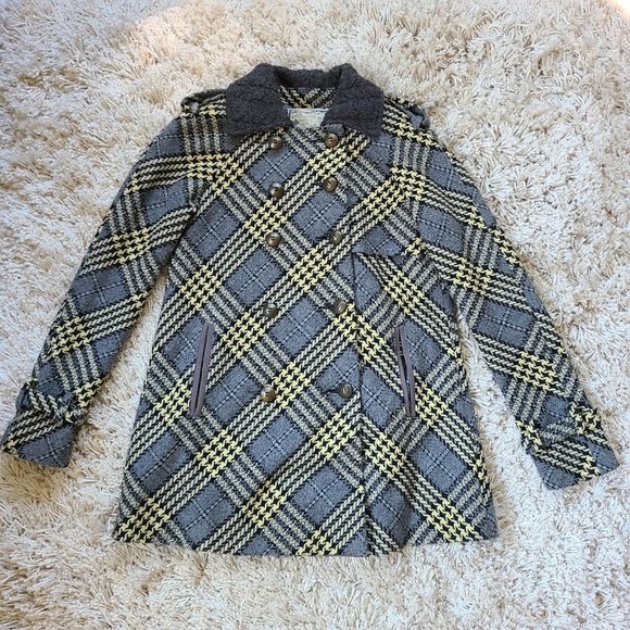 Free People Jackets & Blazers - Free People Gray Yellow Plaid Wool Blend Peacoat Sz 0